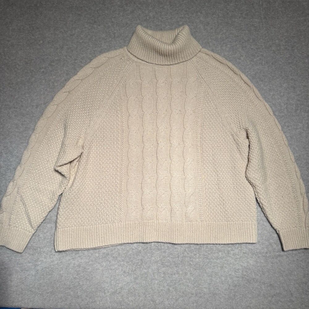GAP Cableknit Sweater Womens XL Tall Beige Ivory Wool Blend Turtleneck Fisherman
